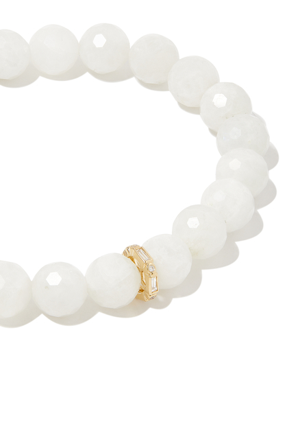 Baguette and Round Bezel Rondelle on Moonstone Bead Bracelet with 14K Yellow Gold